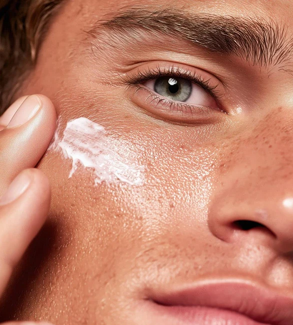 Dermatology compounding: close-up of a man applying cream to his cheek