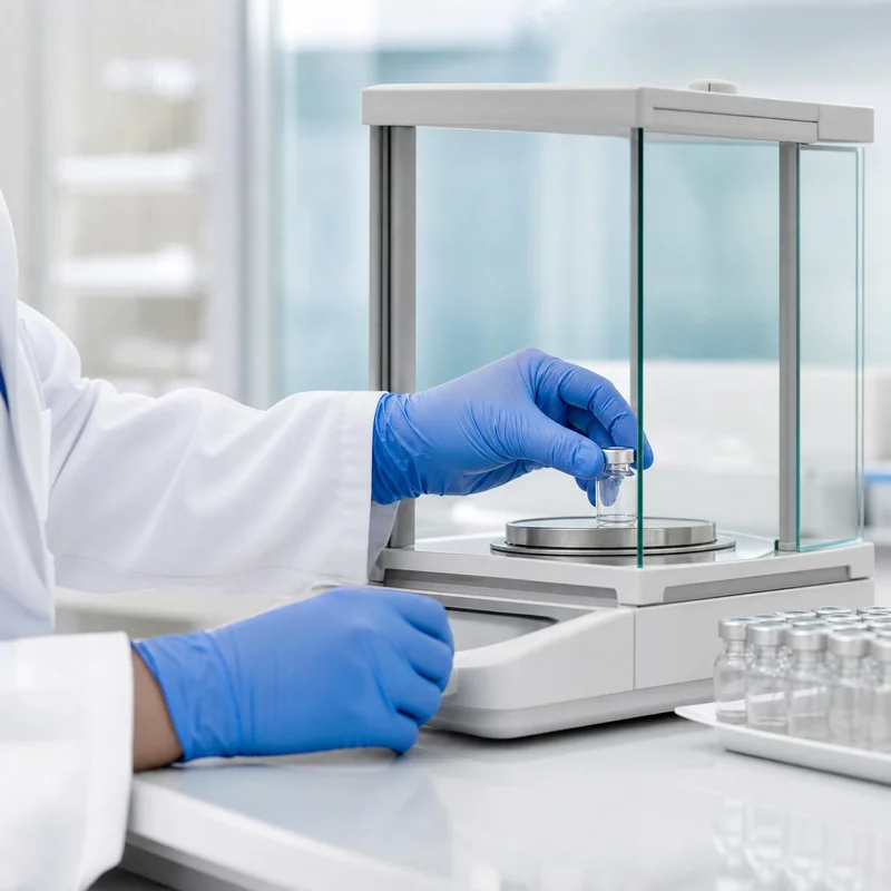 Compounding pharmacist's gloved hands using a precision scale with small vials