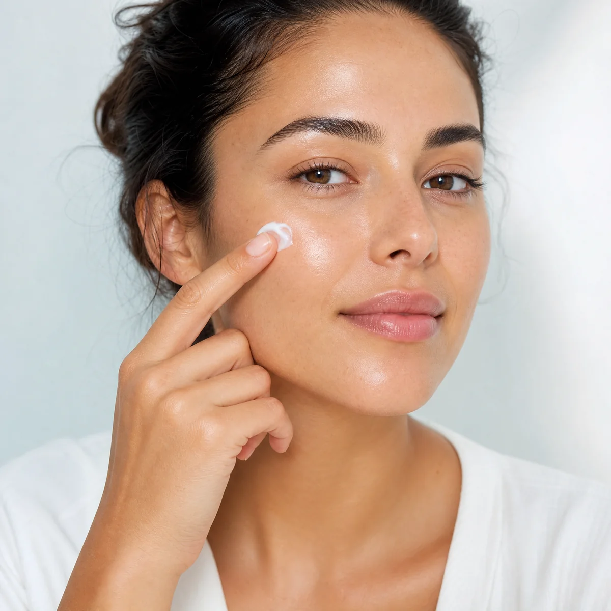 Woman applying a compounded cream from our dermatology compounding pharmacy to her cheek