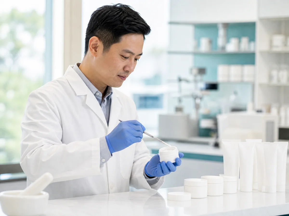 Compounding pharmacist filling a cream jar at the lab bench