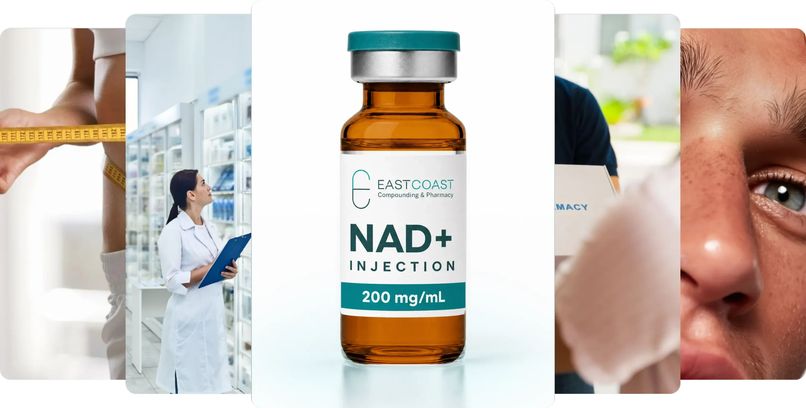 Collage from our 503A compounding pharmacy: measuring tape at the waist, a pharmacist checking shelves, an East Coast Compounding & Pharmacy NAD+ injection 200 mg/mL amber vial, a pharmacy delivery and a skin close-up (illustrative image)