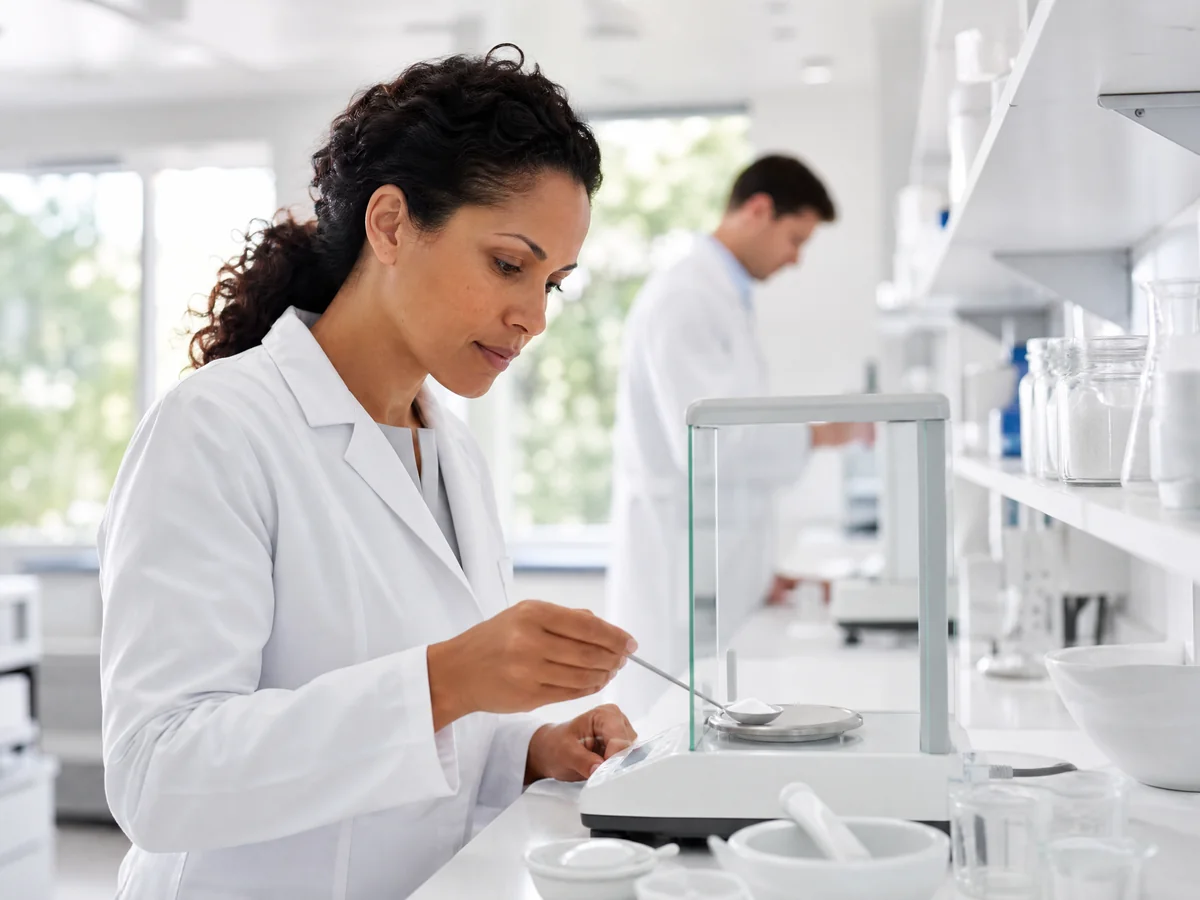 Compounding pharmacist weighing an ingredient on a precision balance in a 503A compounding lab