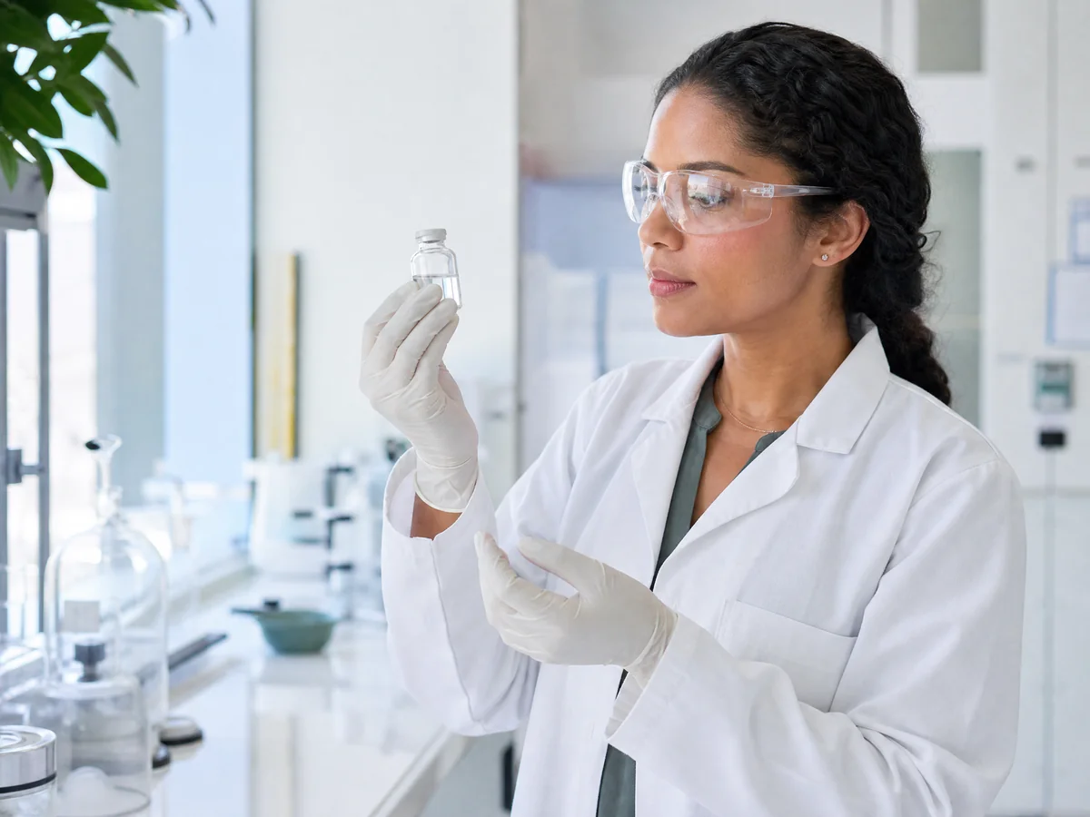 Compounding pharmacist inspecting a vial in the sterile lab
