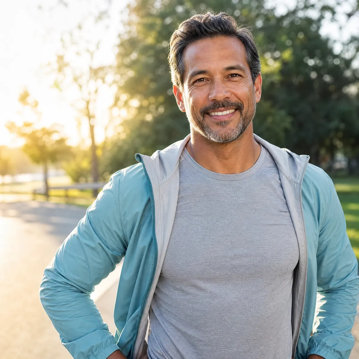 Man in his forties outdoors after a morning run, illustrating our men's health pharmacy
