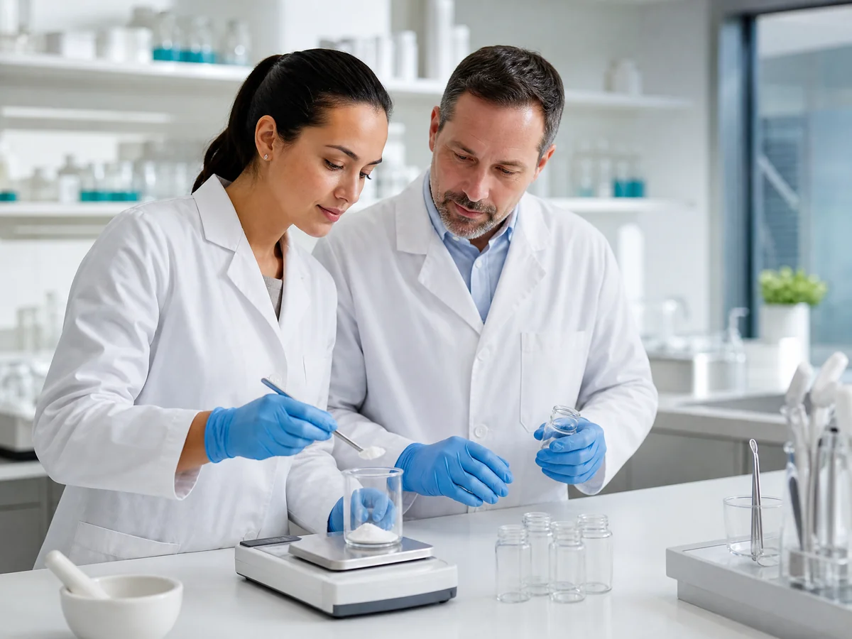Compounding pharmacists preparing medications at a lab bench