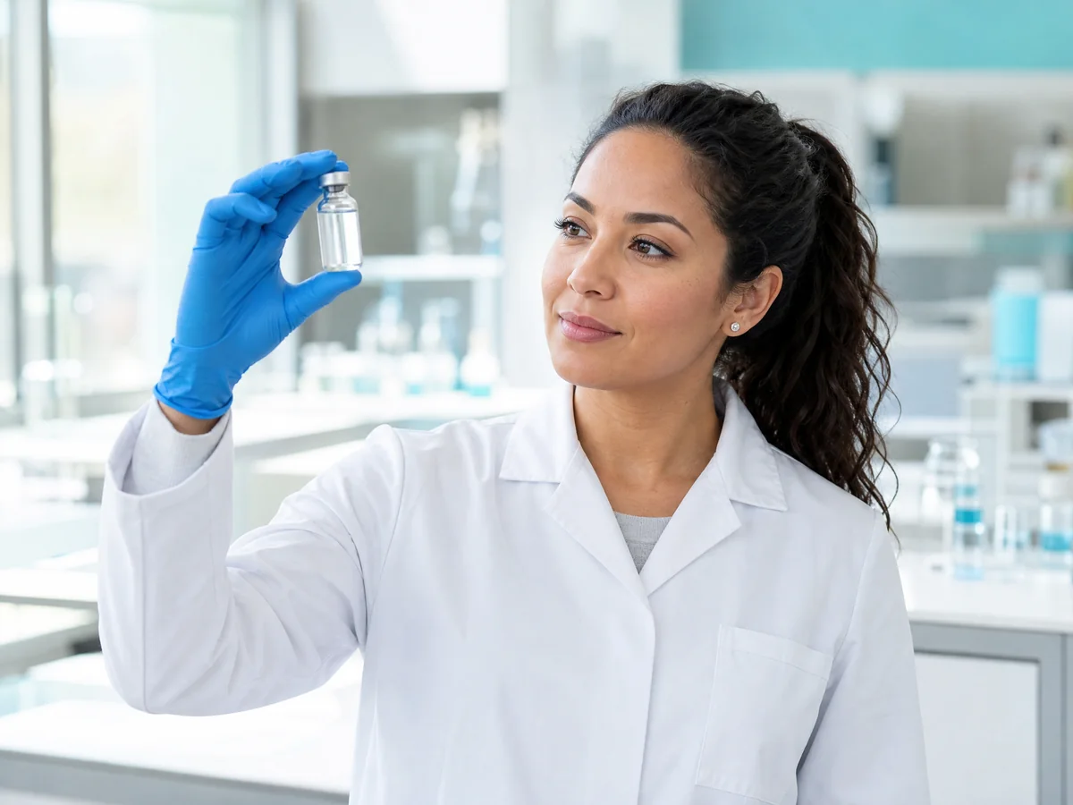Pharmacy technician holding a vial of compounded NAD+ injection in the lab