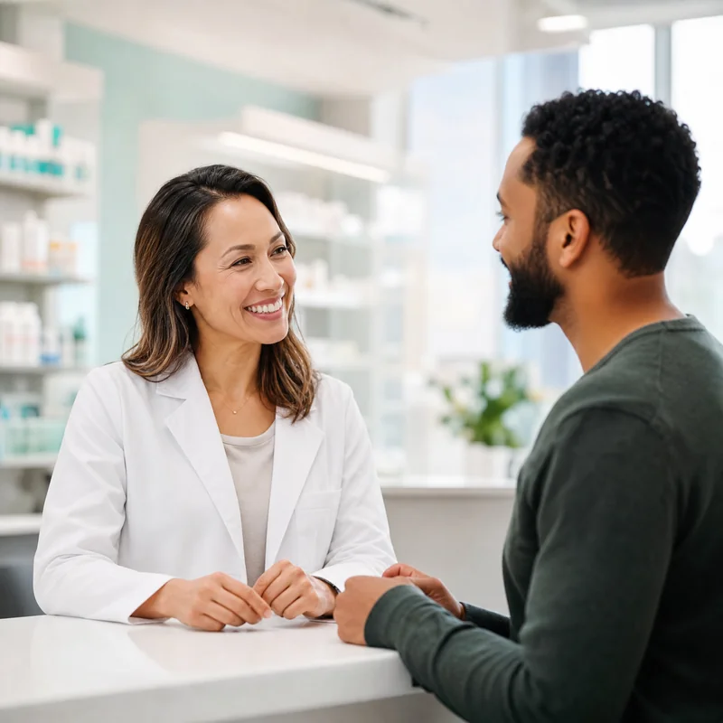Pharmacist talking with a patient at the pharmacy counter