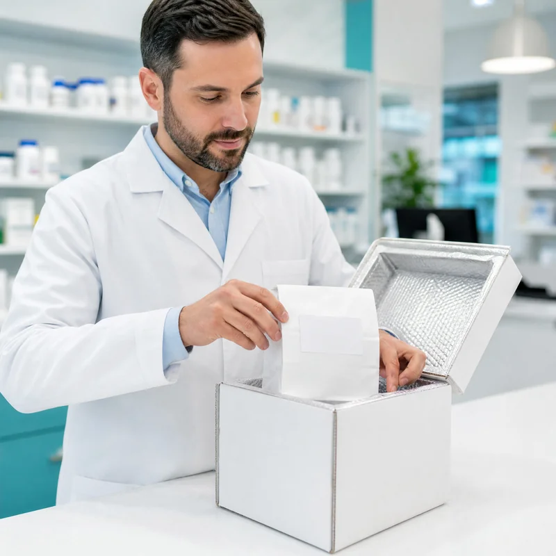 Pharmacist placing a prescription bag into an insulated shipping box