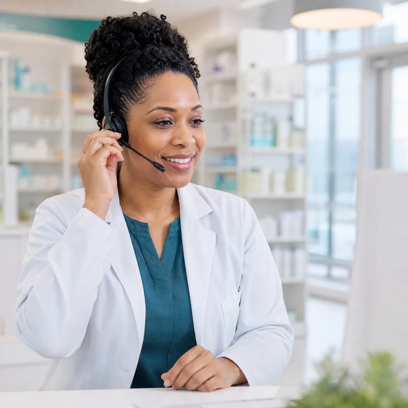Pharmacy team member wearing a headset answering a patient call