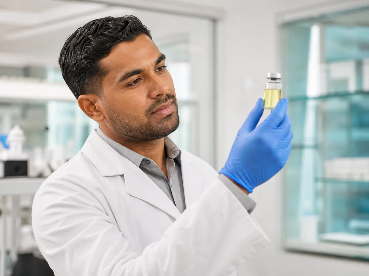 Pharmacy technician holding a vial of compounded testosterone cypionate in sesame oil