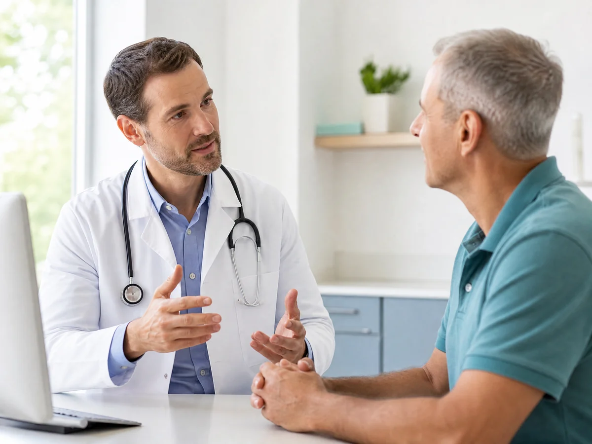 Physician explaining testosterone therapy to a male patient in a clinic