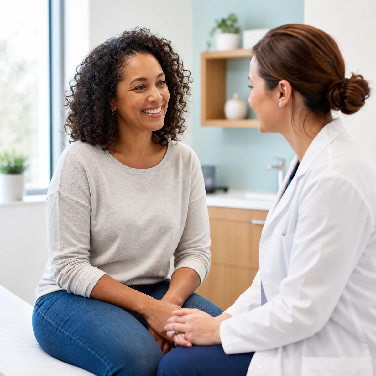 Woman smiling with her provider during a visit, illustrating our women's health pharmacy