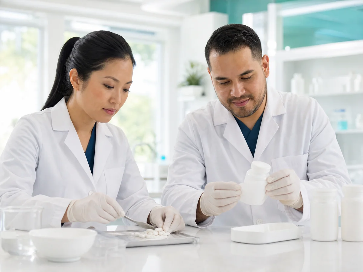 Compounding pharmacists counting capsules and labeling a prescription vial