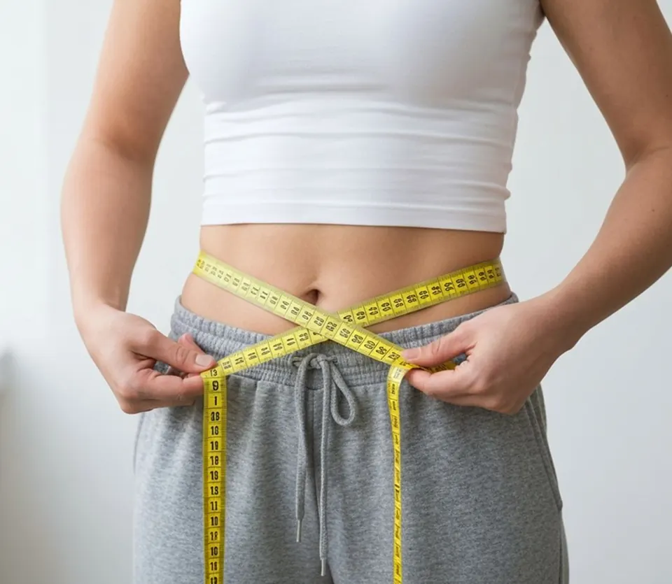 Person measuring their waist with a tape measure, illustrating weight management medications from our weight loss compounding pharmacy