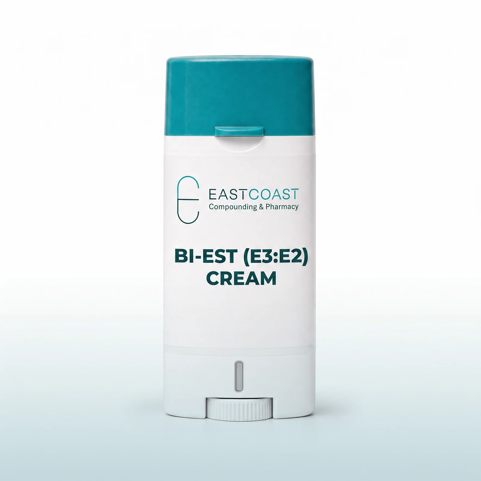 Bi-Est (estriol/estradiol) cream in a Topi-CLICK metered-dose dispenser with East Coast Compounding & Pharmacy label (illustrative image)