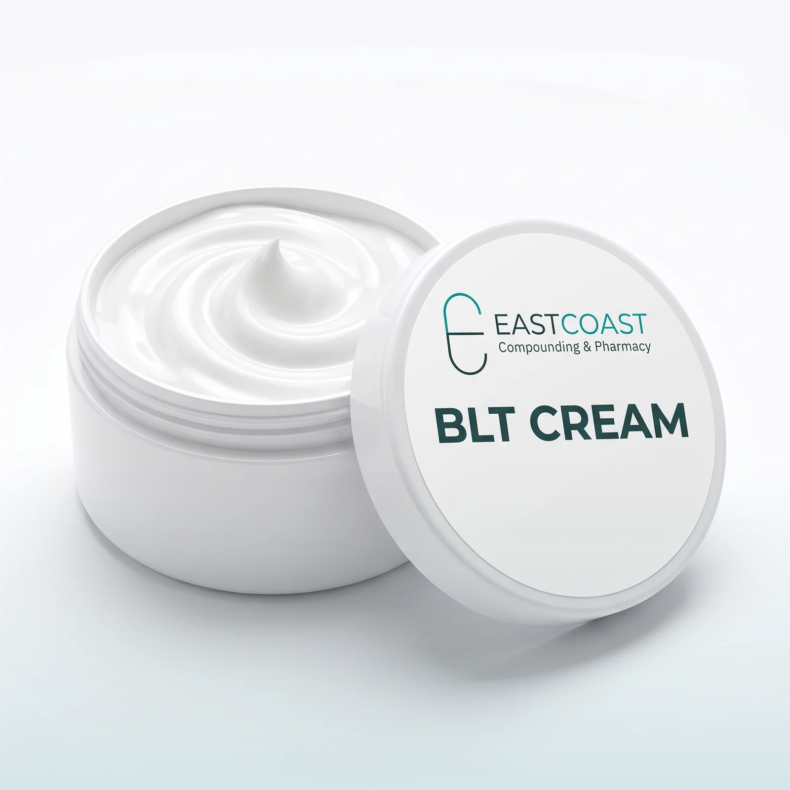 BLT cream (benzocaine / lidocaine / tetracaine) in a white jar with East Coast Compounding & Pharmacy label (illustrative image)