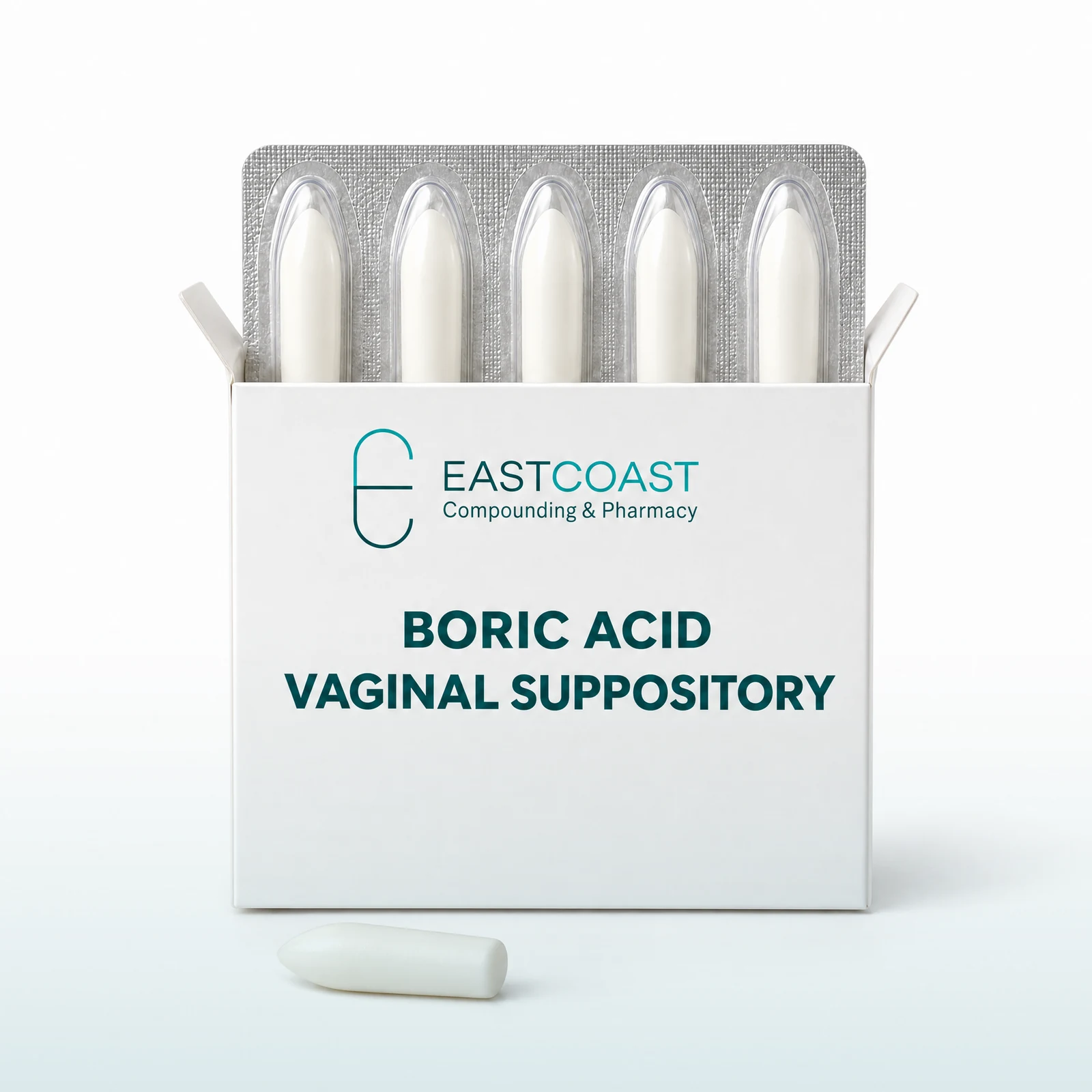 Boric acid vaginal suppositories, white carton with East Coast Compounding & Pharmacy label and blister strip (illustrative image)