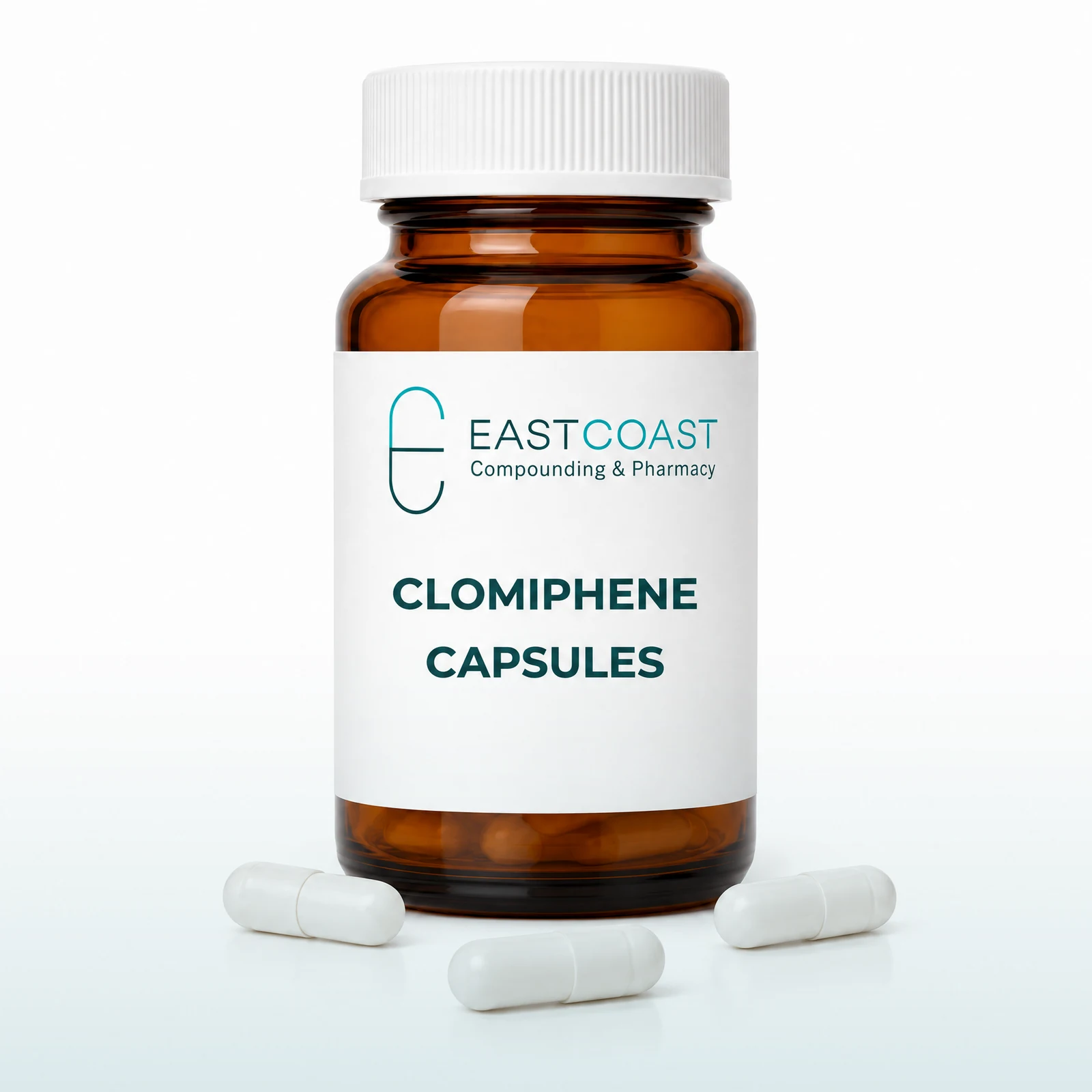 Clomiphene capsules in an amber pharmacy vial with East Coast Compounding & Pharmacy label (illustrative image)