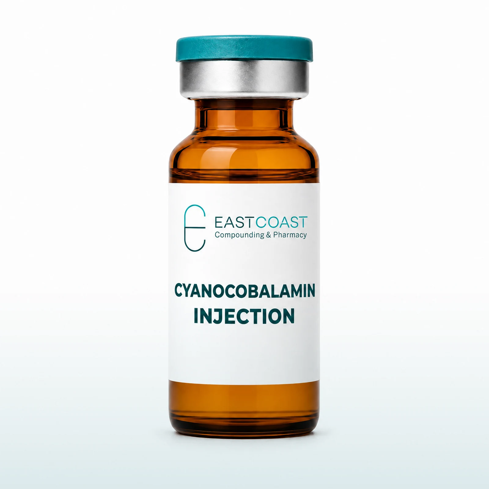 Cyanocobalamin (vitamin B12) injection, amber glass vial of red solution with East Coast Compounding & Pharmacy label (illustrative image)