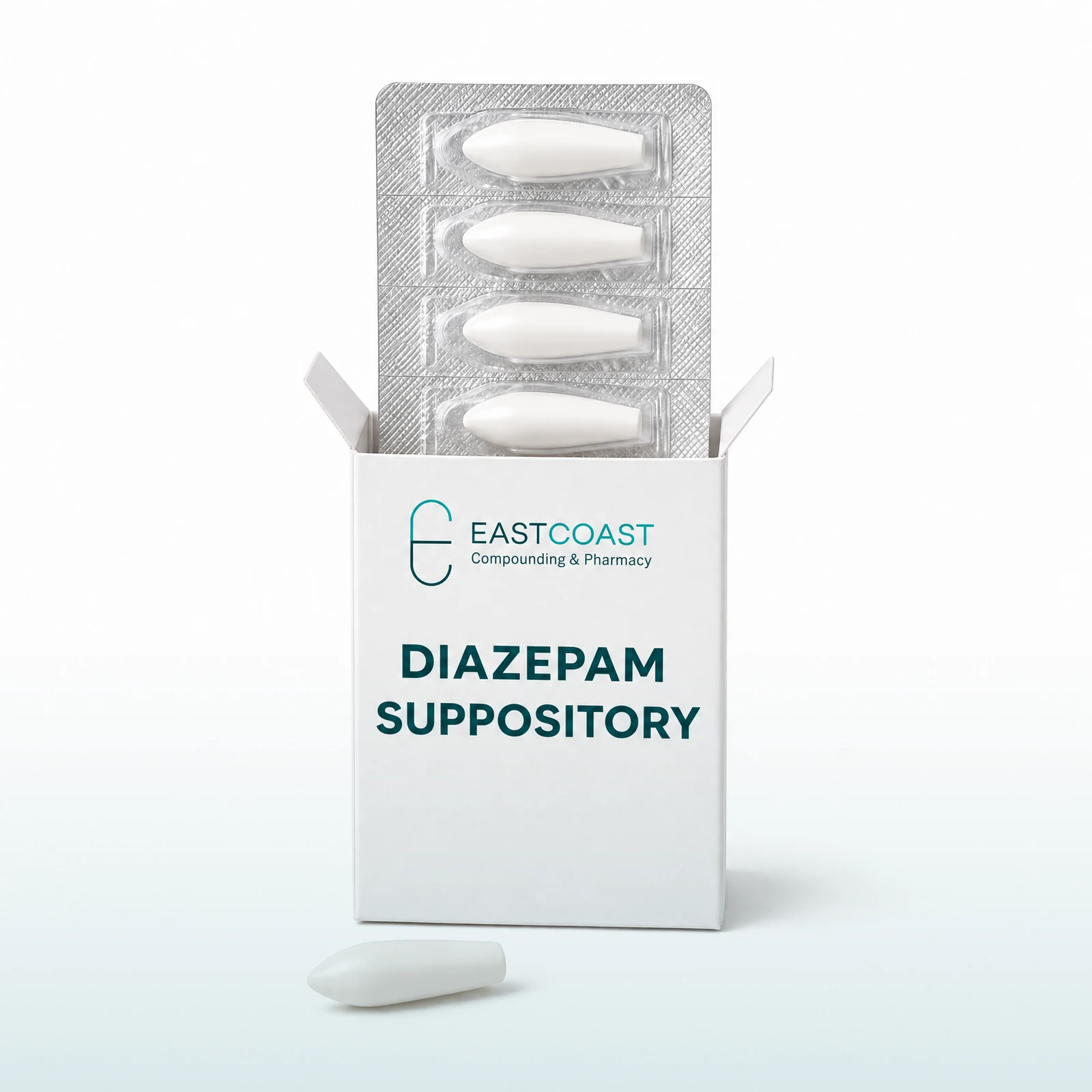 Diazepam suppositories, white carton with East Coast Compounding & Pharmacy label and molded suppository strip (illustrative image)