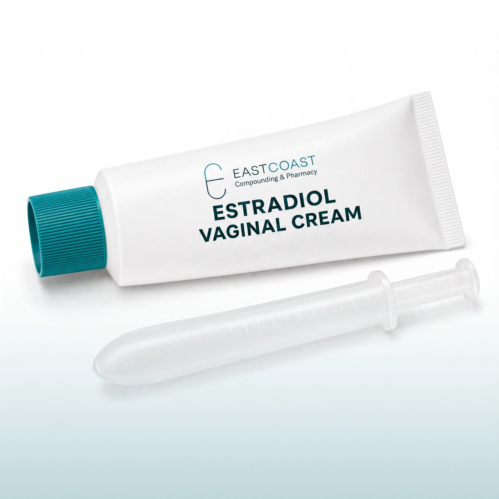 Estradiol vaginal cream in a white tube with applicator and East Coast Compounding & Pharmacy label (illustrative image)