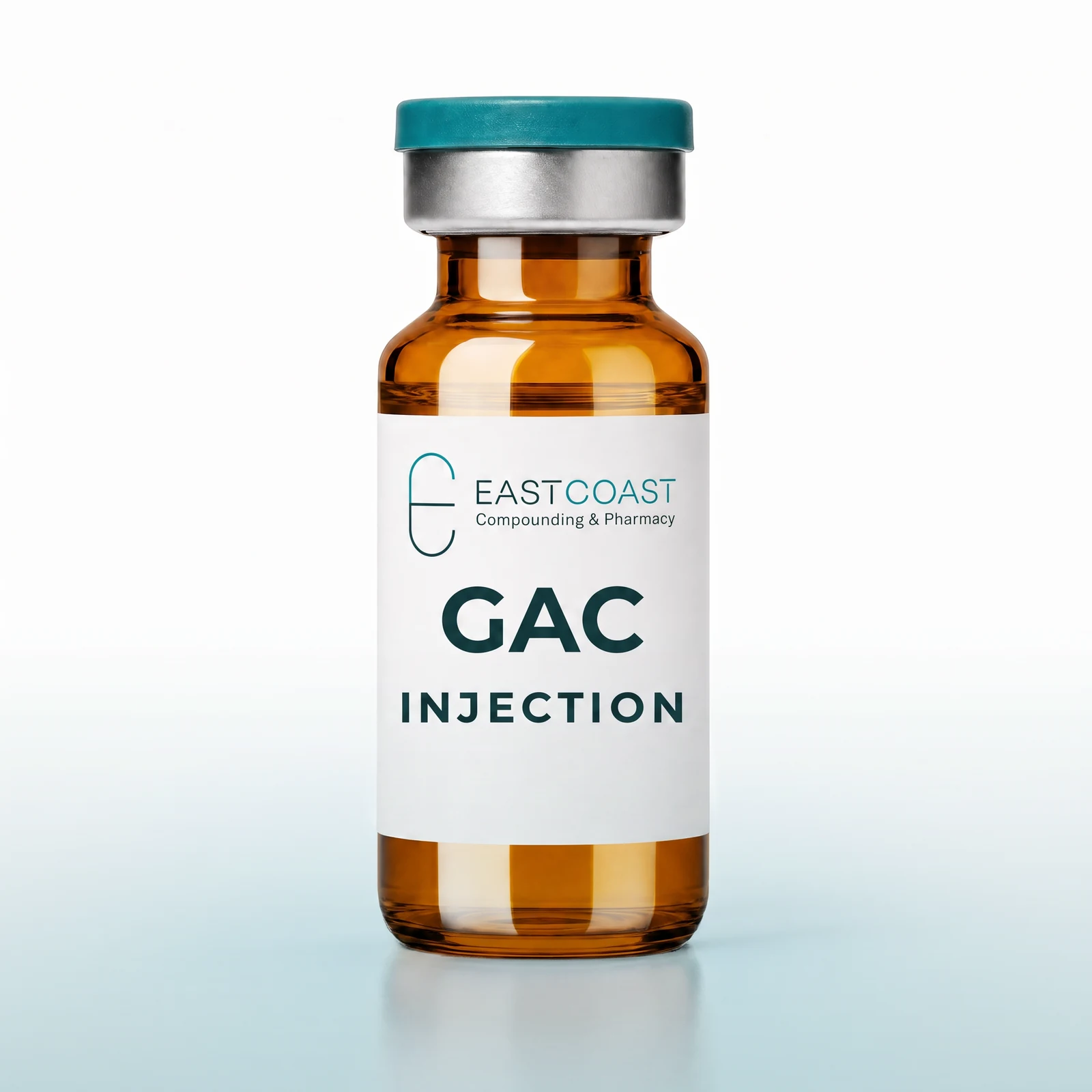 GAC injection (L-glutamine / L-arginine / L-carnitine), amber glass vial with East Coast Compounding & Pharmacy label (illustrative image)