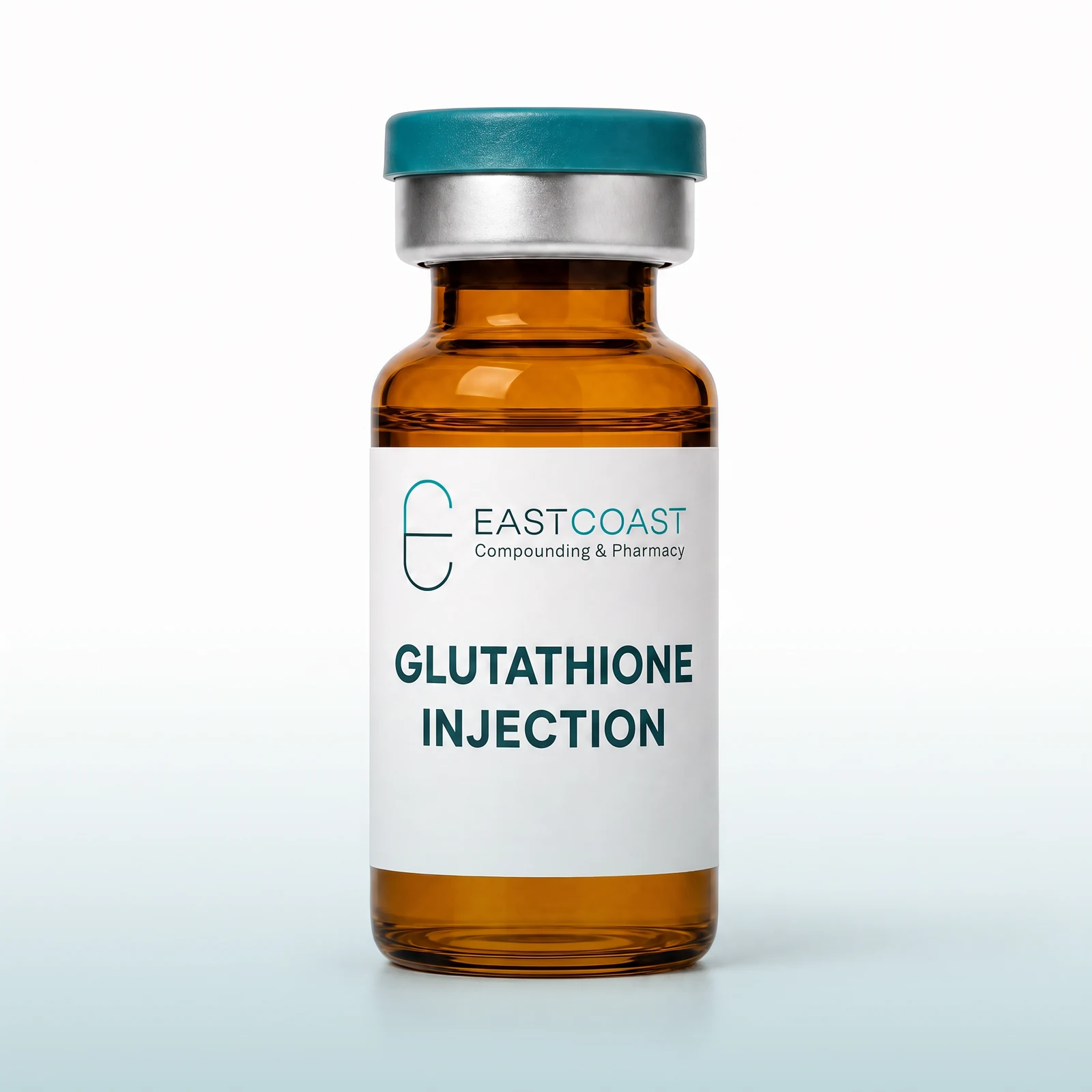 Glutathione injection, amber glass multiple-dose vial with East Coast Compounding & Pharmacy label (illustrative image)