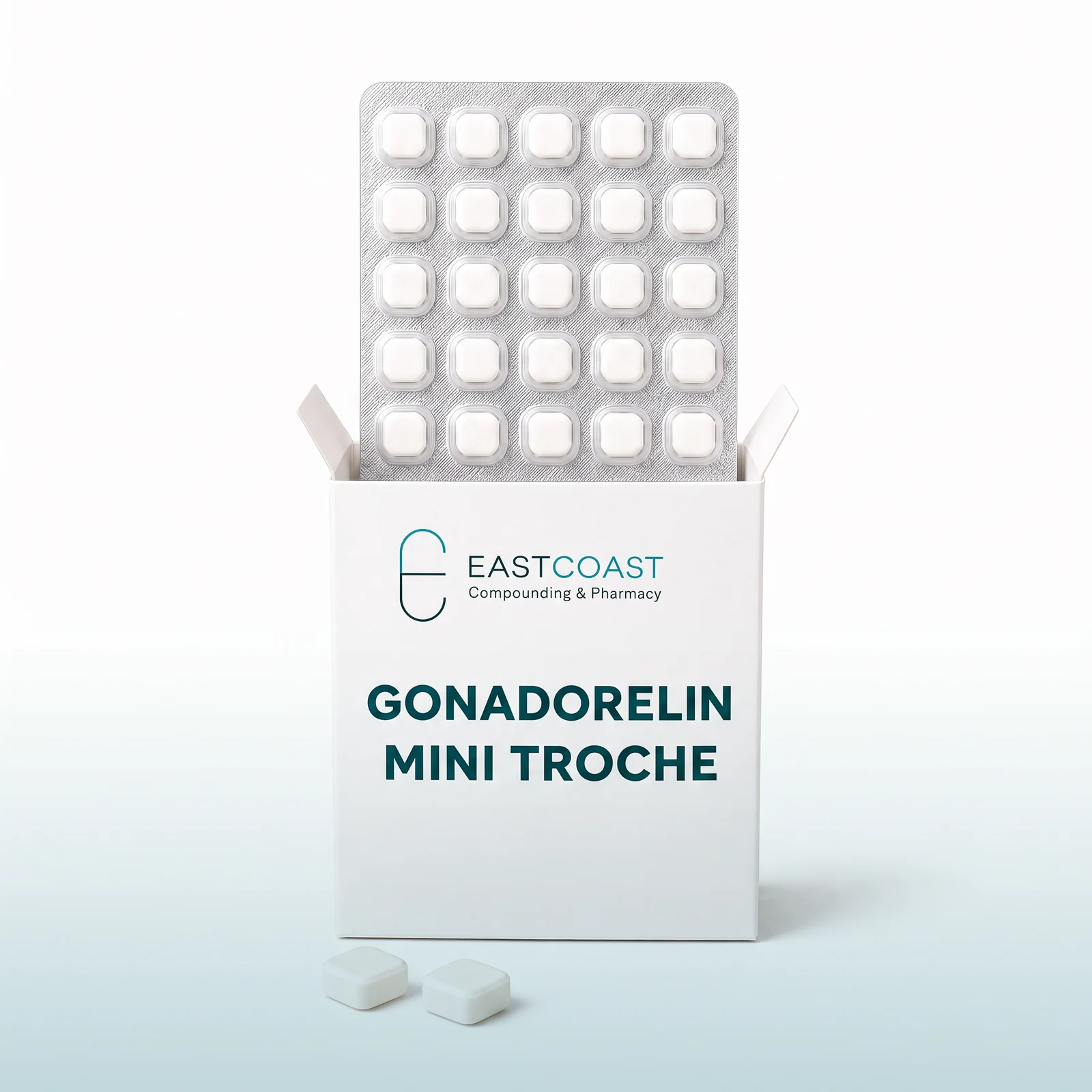Gonadorelin mini troches, blister card in a white carton with East Coast Compounding & Pharmacy label (illustrative image)