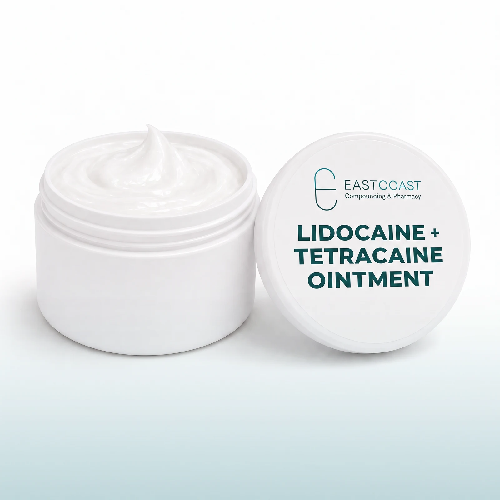 Lidocaine / tetracaine topical anesthetic ointment in a white jar with East Coast Compounding & Pharmacy label (illustrative image)
