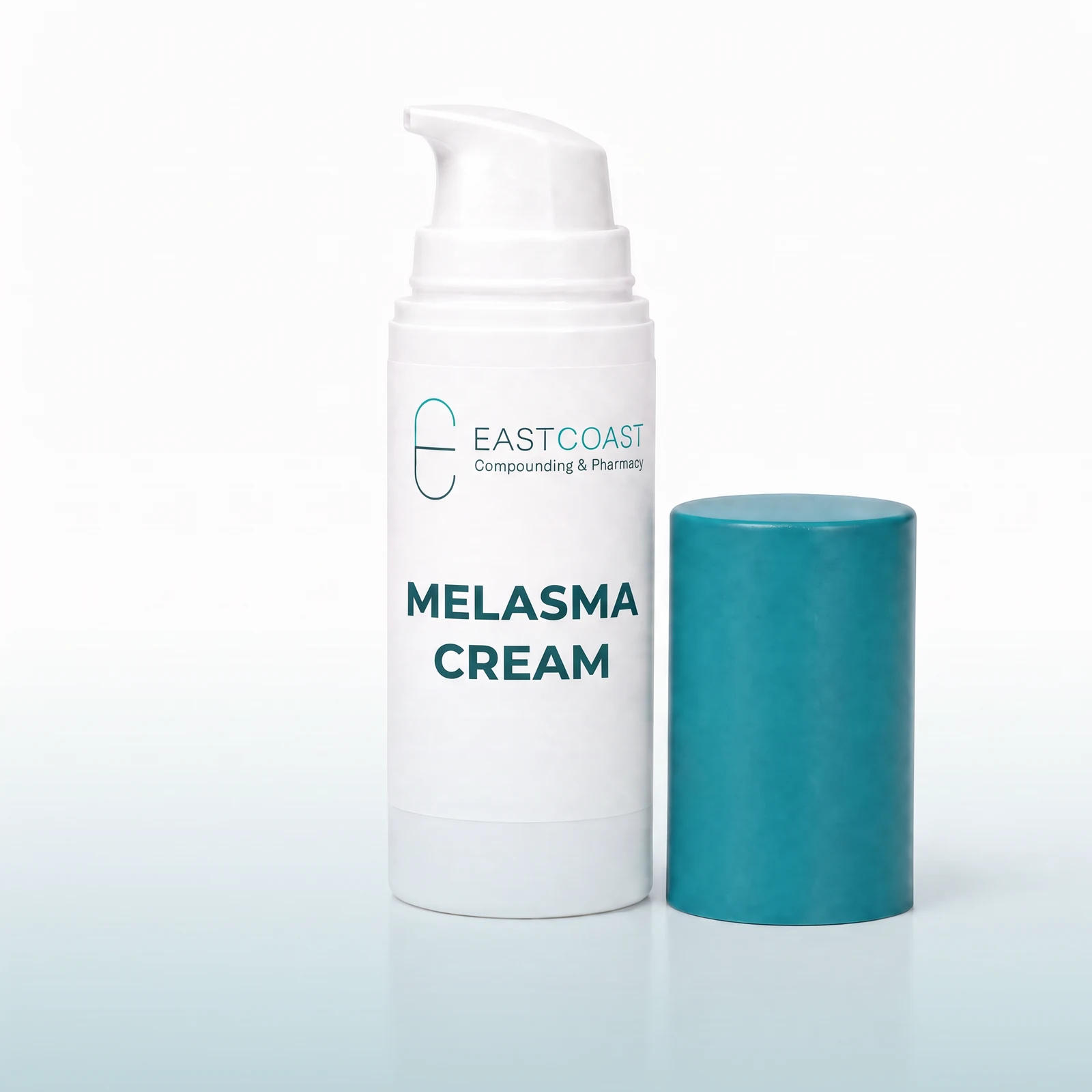 Melasma Cream, 30 g white airless pump bottle with teal cap and East Coast Compounding & Pharmacy label (illustrative image)