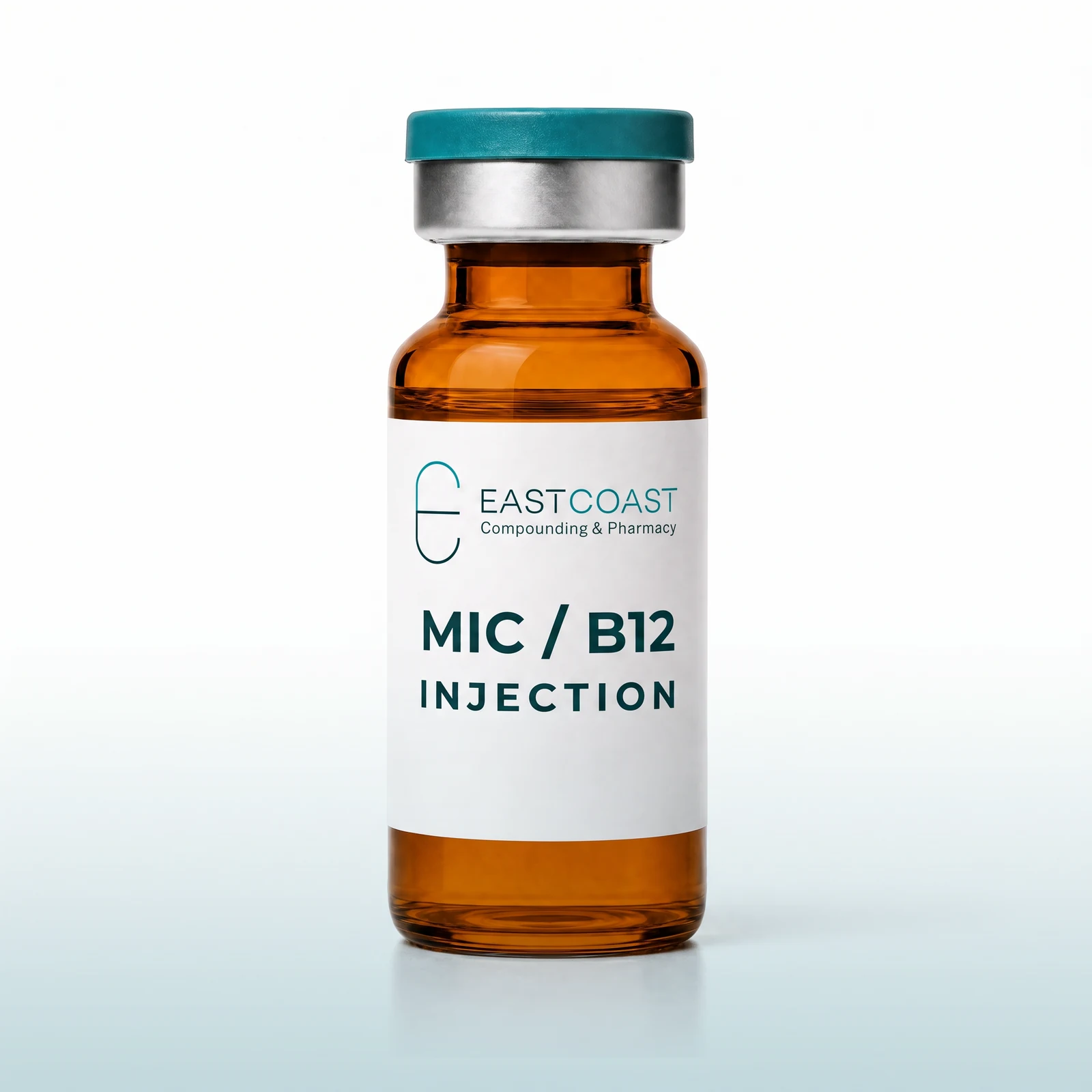 MIC/B12 lipotropic injection, amber glass vial of pink solution with East Coast Compounding & Pharmacy label (illustrative image)