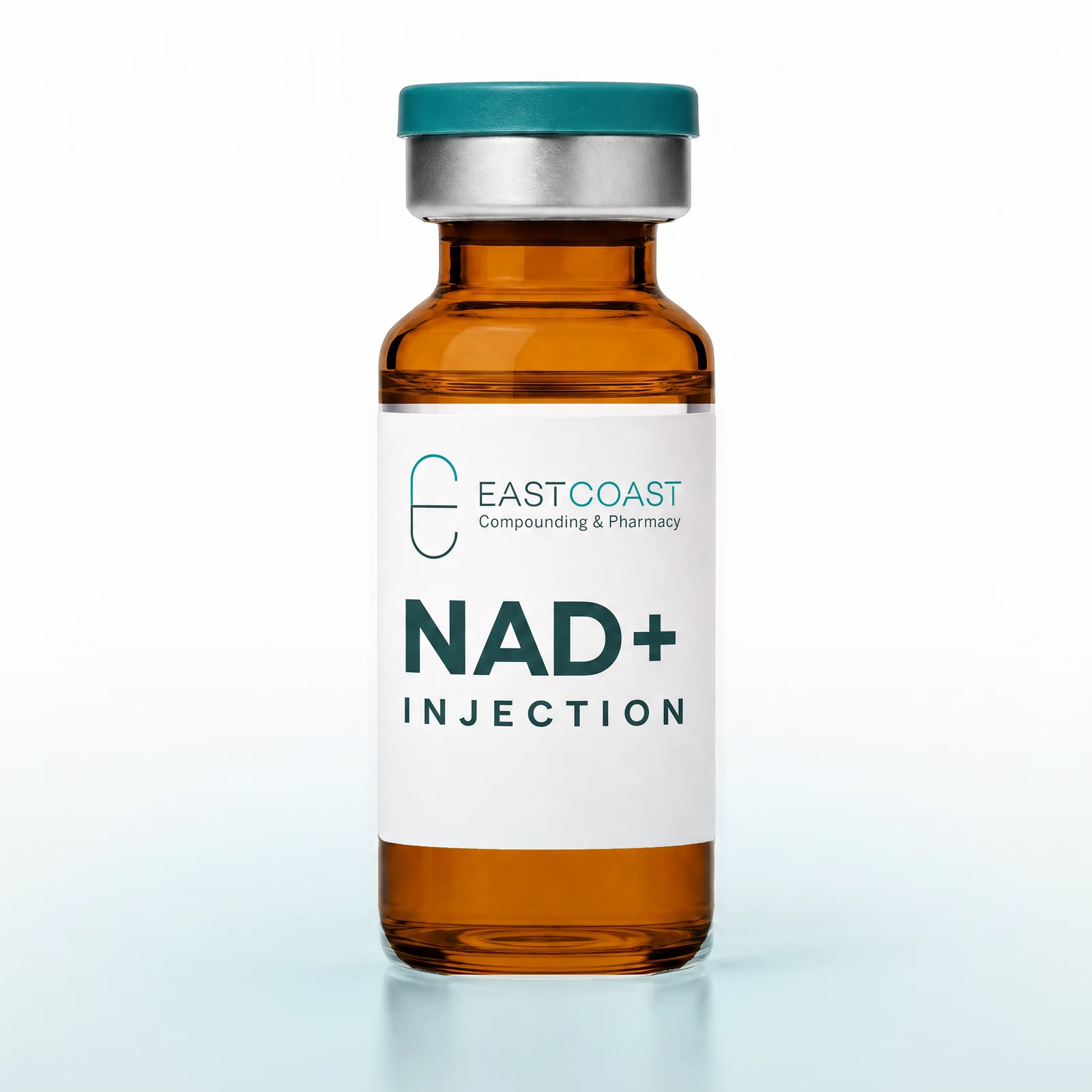NAD+ injection, amber glass multiple-dose vial with East Coast Compounding & Pharmacy label (illustrative image)