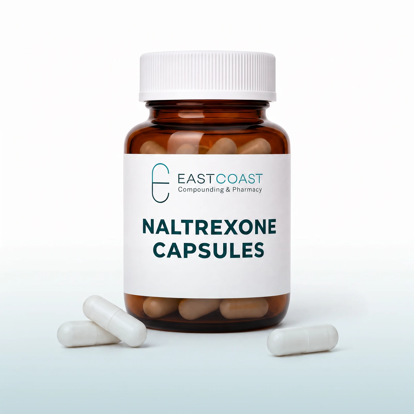 Low-dose naltrexone capsules in an amber pharmacy vial with East Coast Compounding & Pharmacy label (illustrative image)