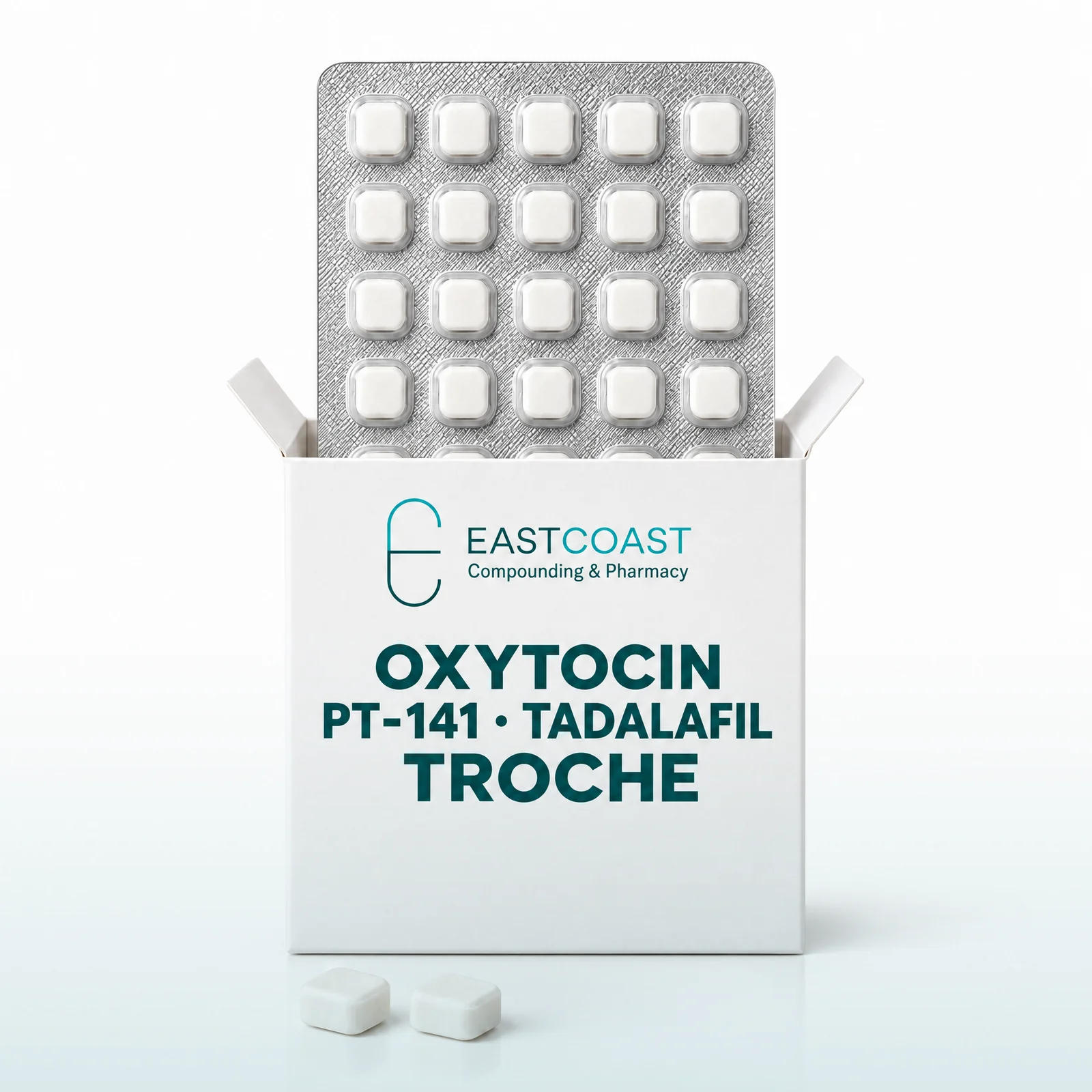 Oxytocin / PT-141 / tadalafil troches, blister card in a white carton with East Coast Compounding & Pharmacy label (illustrative image)