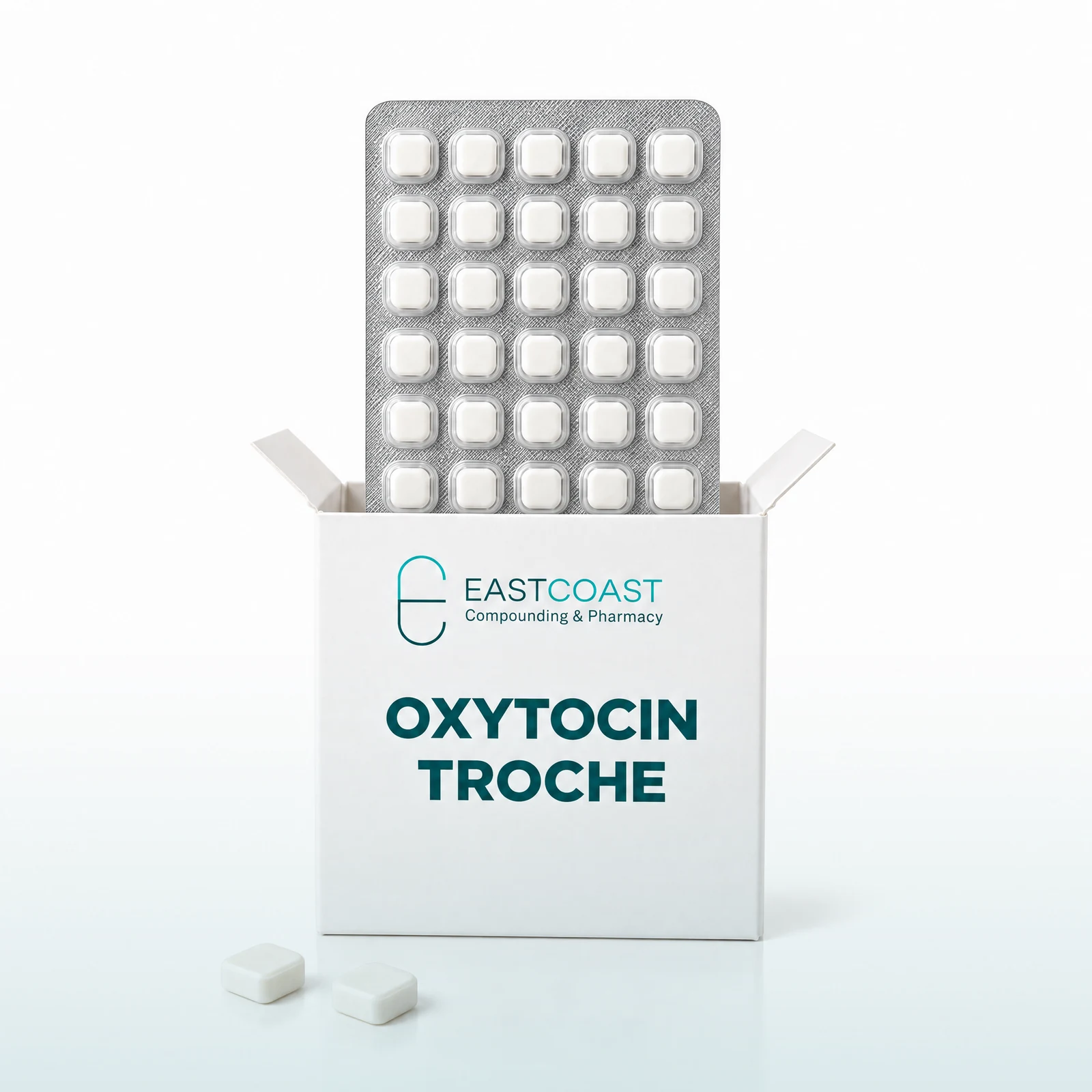 Oxytocin troches, blister card in a white carton with East Coast Compounding & Pharmacy label (illustrative image)