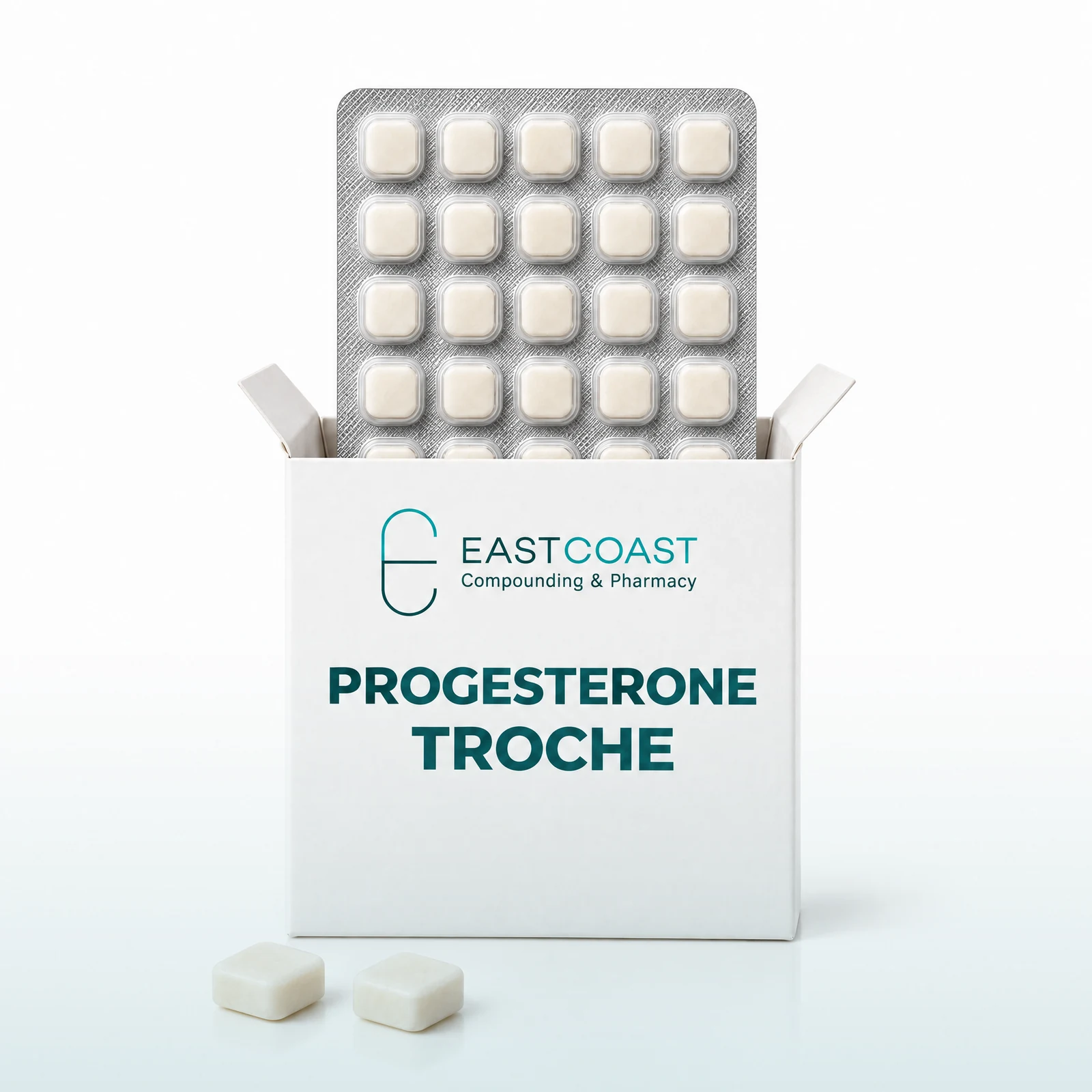 Progesterone troches, blister card in a white carton with East Coast Compounding & Pharmacy label (illustrative image)