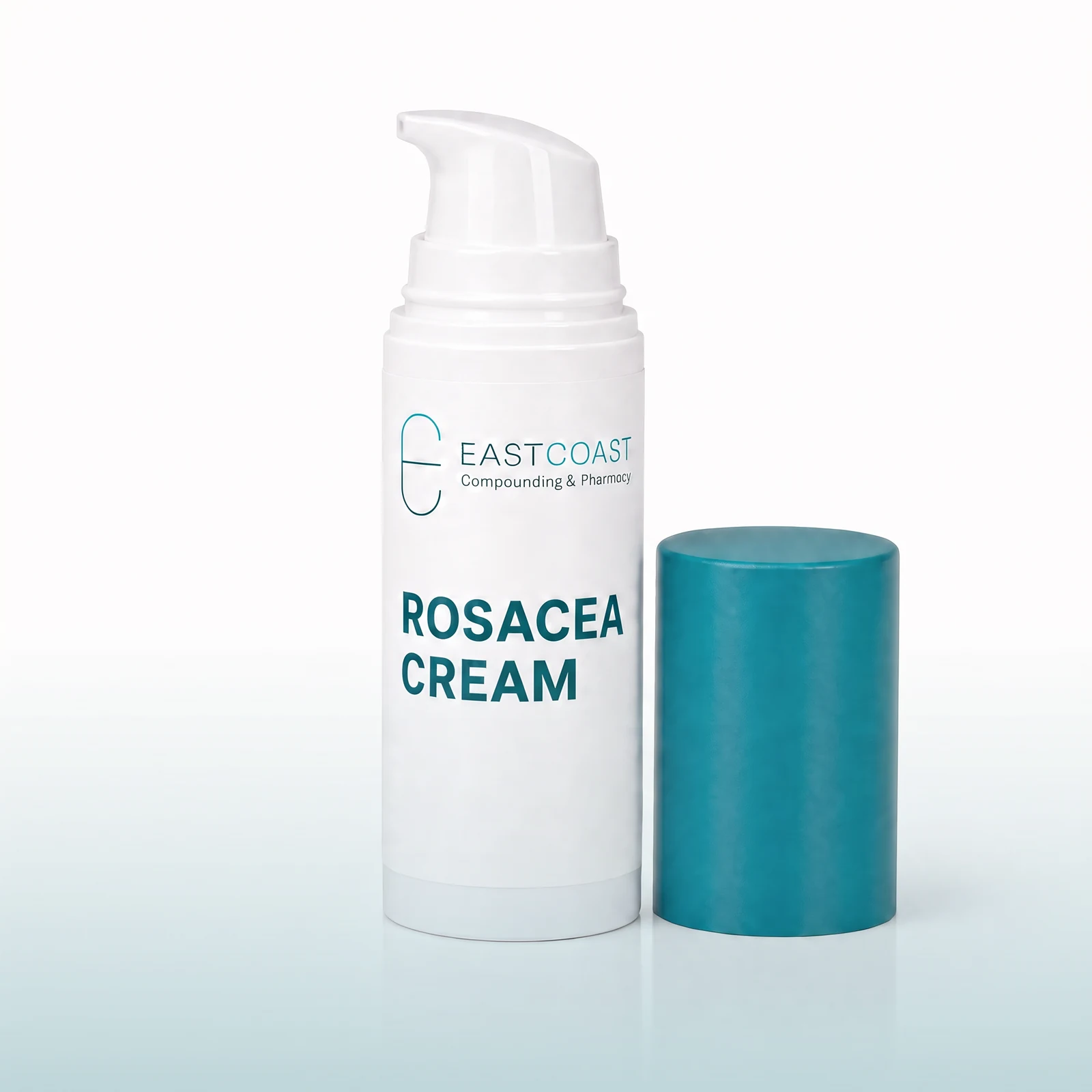 Rosacea Cream, 30 g white airless pump bottle with teal cap and East Coast Compounding & Pharmacy label (illustrative image)