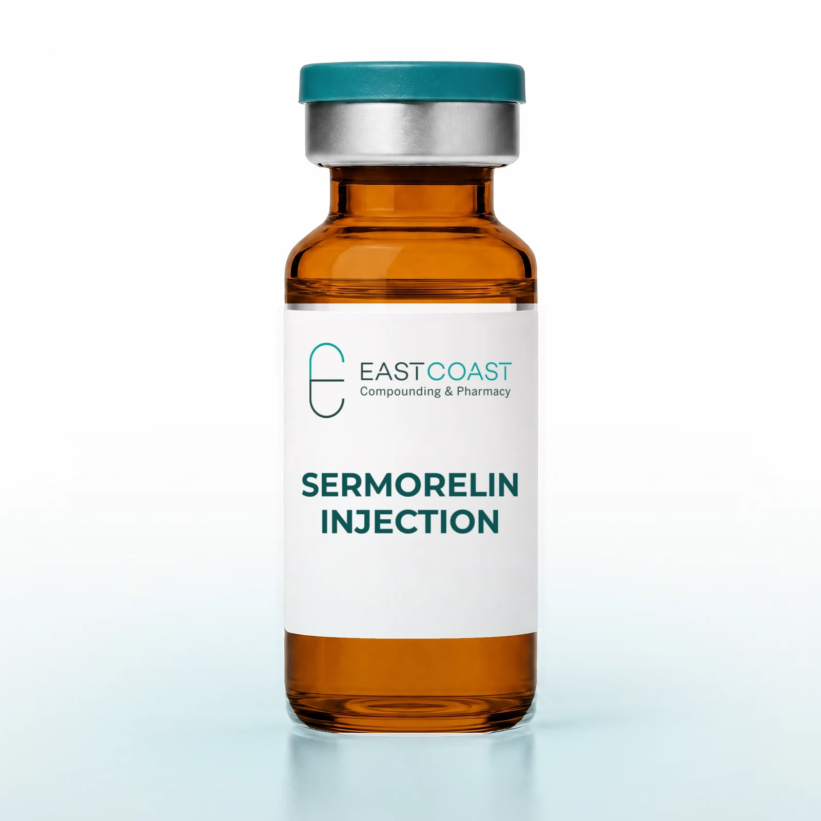 Sermorelin injection, amber glass multiple-dose vial with East Coast Compounding & Pharmacy label (illustrative image)