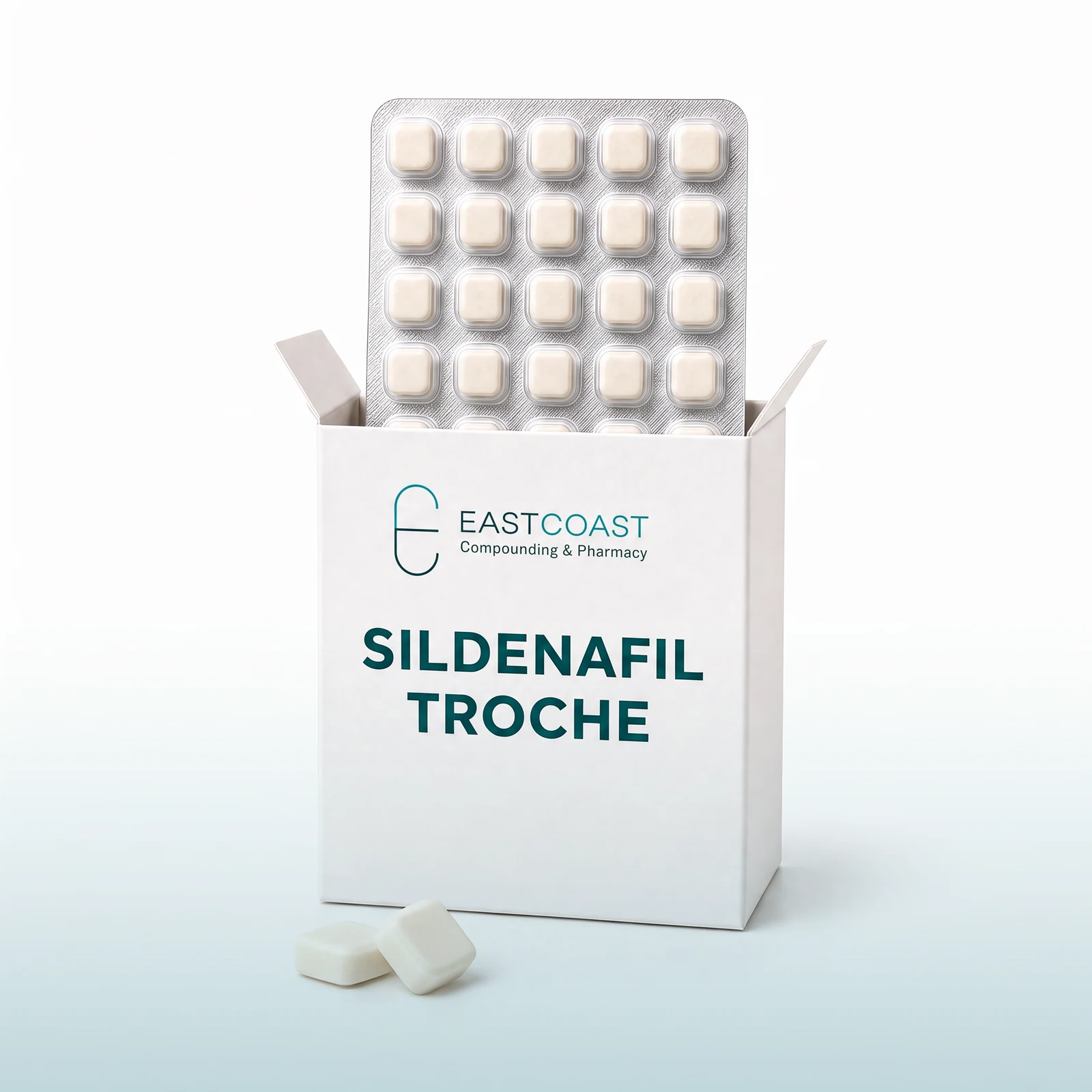 Sildenafil troches, blister card in a white carton with East Coast Compounding & Pharmacy label (illustrative image)