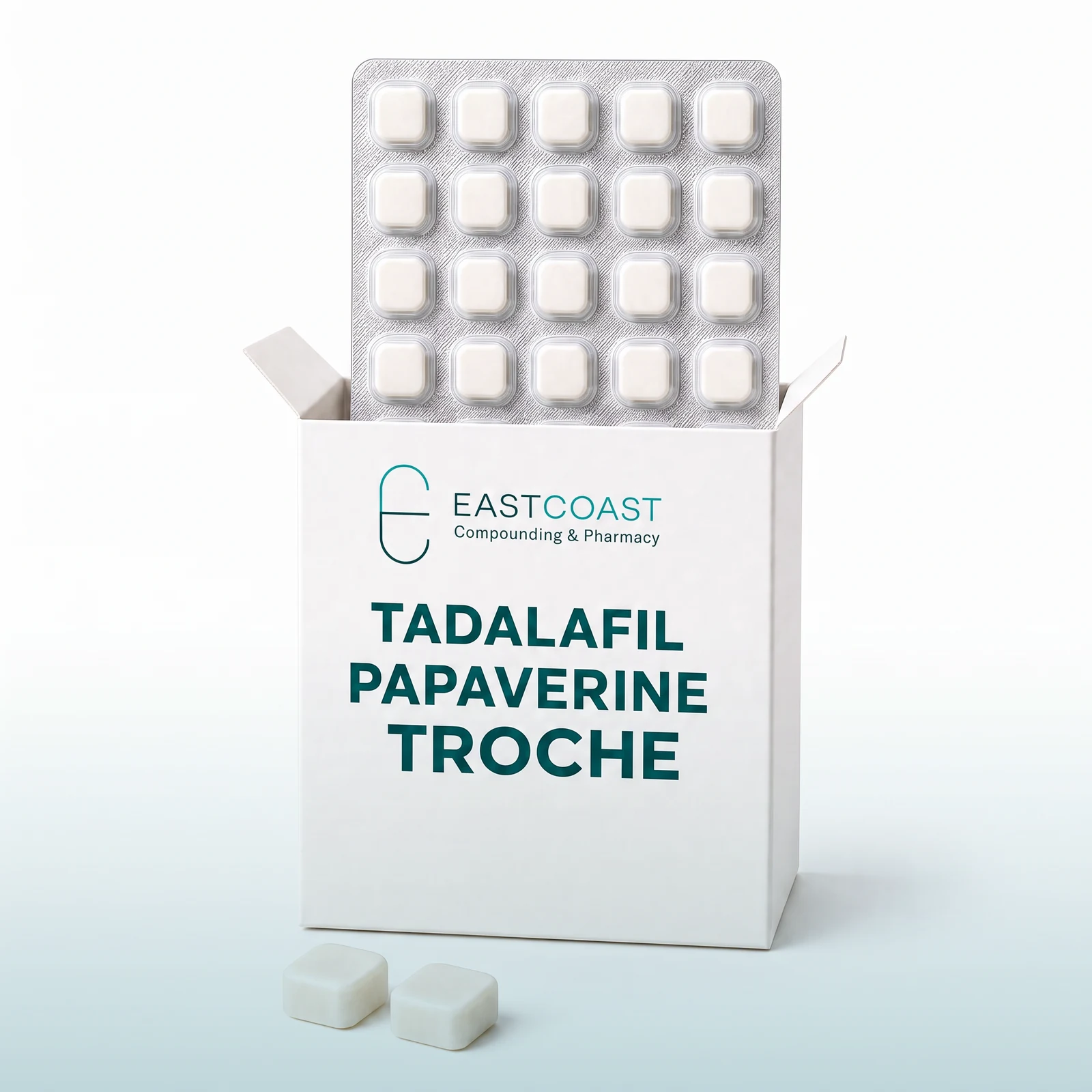 Tadalafil / papaverine troches, blister card in a white carton with East Coast Compounding & Pharmacy label (illustrative image)