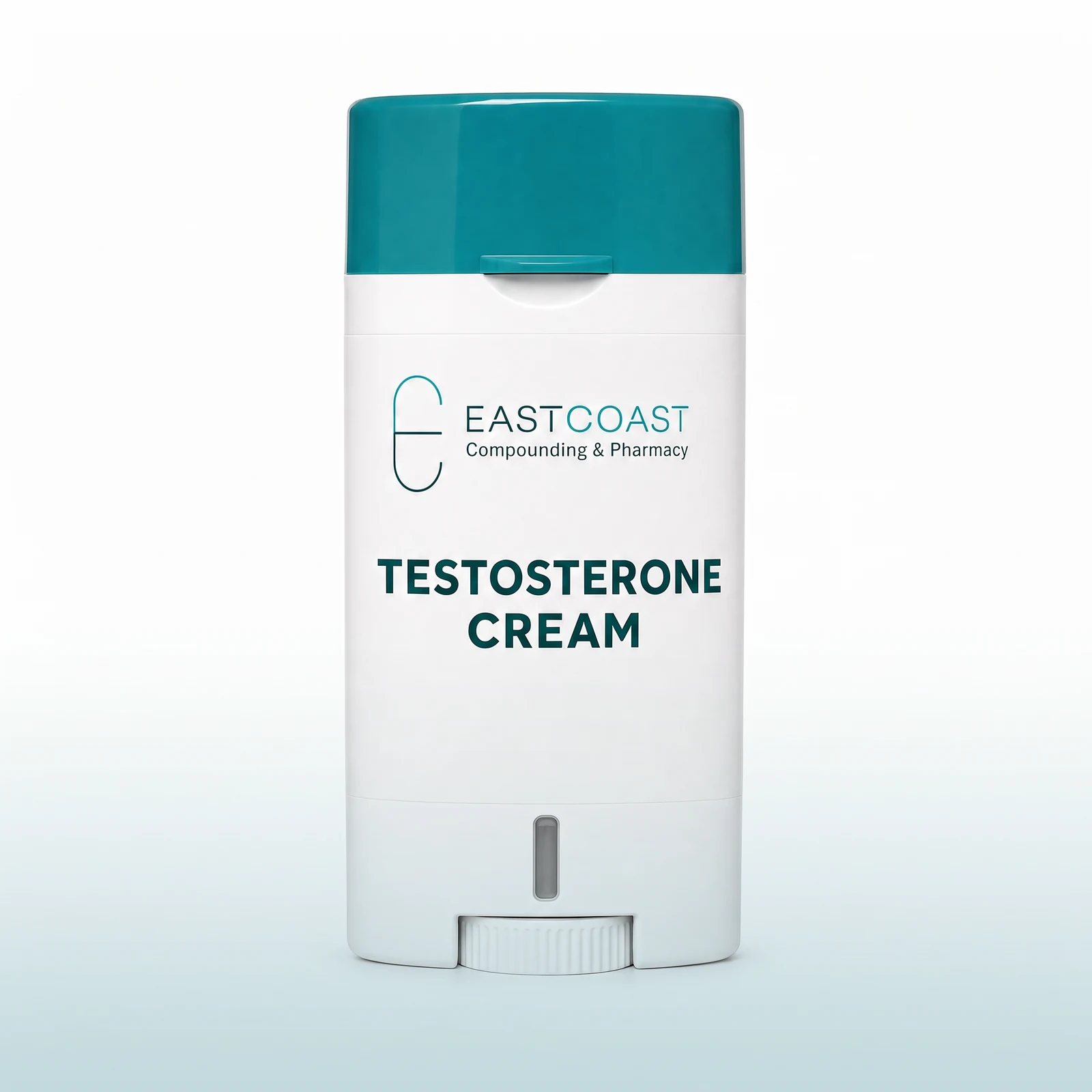 Testosterone cream in a Topi-CLICK metered-dose dispenser with East Coast Compounding & Pharmacy label (illustrative image)
