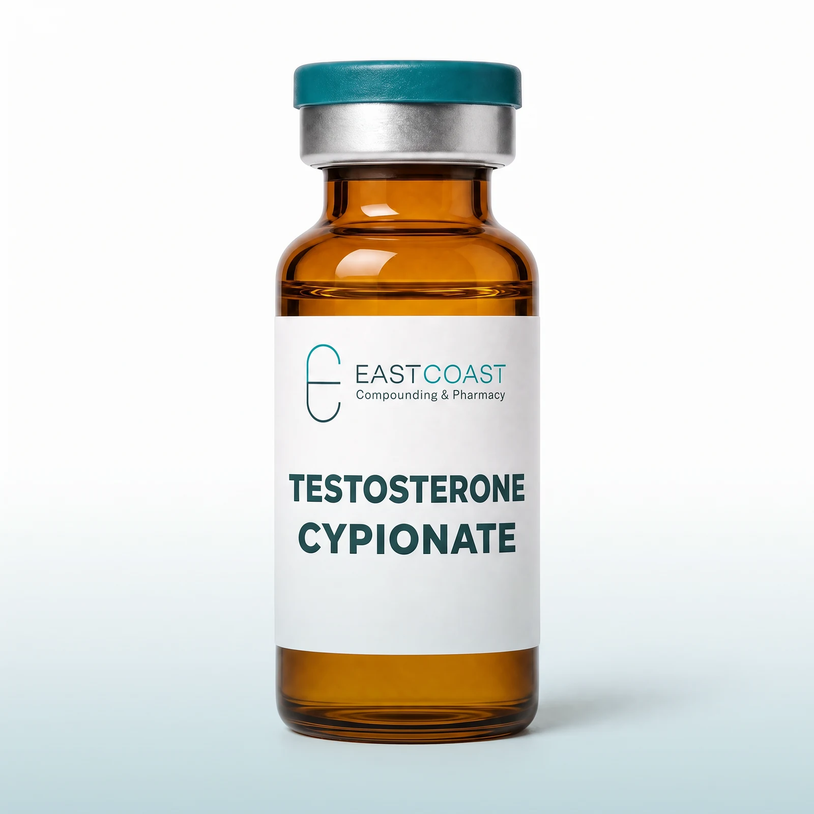 Testosterone cypionate injection, amber glass multiple-dose vial of pale oil with East Coast Compounding & Pharmacy label (illustrative image)