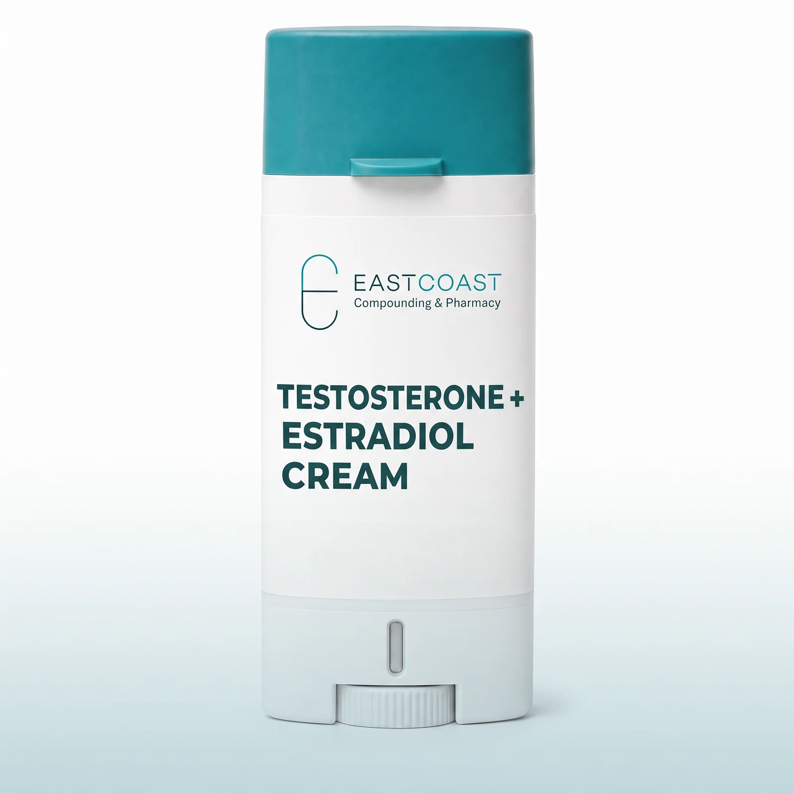 Testosterone + estradiol cream in a Topi-CLICK metered-dose dispenser with East Coast Compounding & Pharmacy label (illustrative image)