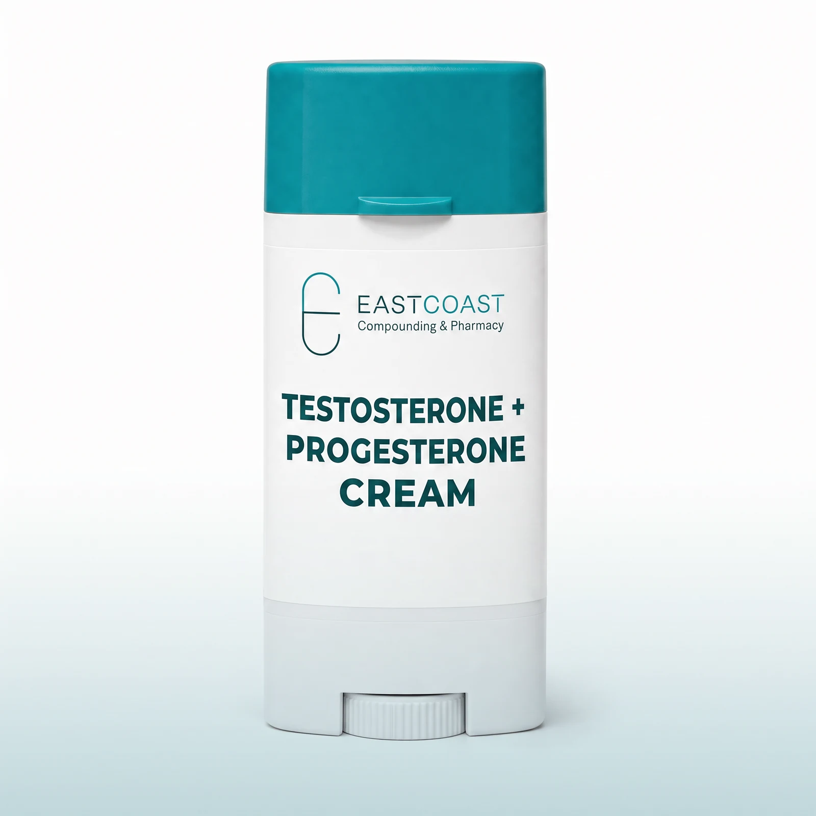 Testosterone + progesterone cream in a Topi-CLICK metered-dose dispenser with East Coast Compounding & Pharmacy label (illustrative image)