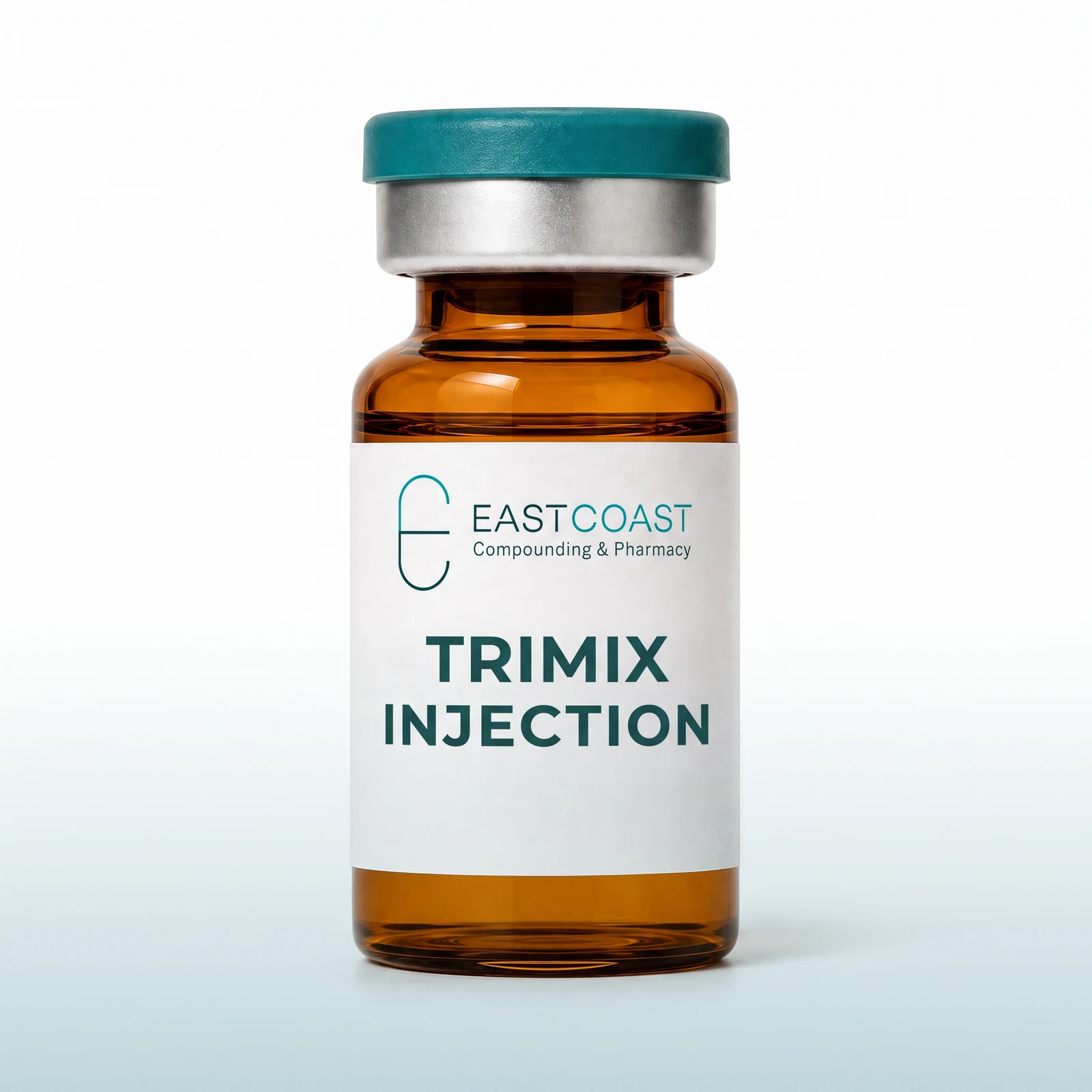TriMix injection (papaverine / phentolamine / alprostadil), amber glass vial with East Coast Compounding & Pharmacy label (illustrative image)